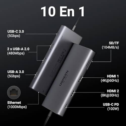 Vue detaillee 1 du produit Hub USB-C double HDMI 10-en-1 pour télétravail UGREEN