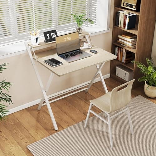 product-Yaheetech-Bureau-d'Ordinateur,-Bureau-Pliable-80cm-en-L,-Table-d'écriture-avec-Petit-Étagère-Surélevée-et-Pieds-en-Forme-X,-pour-Chambre-Salon-d'étude-Petits-Espaces,-Bois-Clair,-80×50×74,5cm-1.jpg
