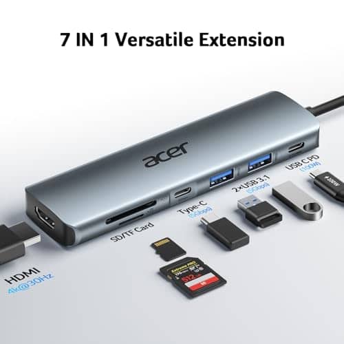 Vue detaillee 1 du produit Hub USB-C 7-en-1 HDMI 4K pour télétravail Acer
